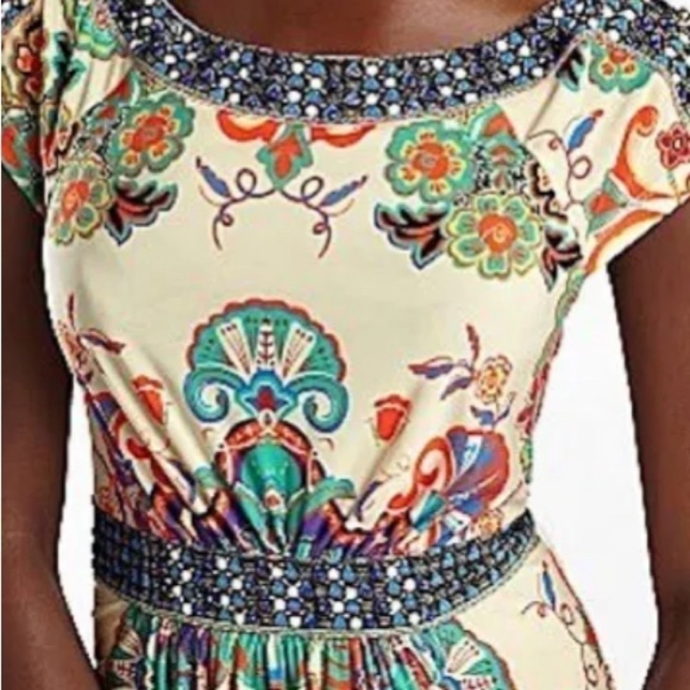 ECI FLARED EMBELLISHED BEADED PRINT DRESS w/ BELT - COLORFUL SIZE 4 - Picture 2 of 13